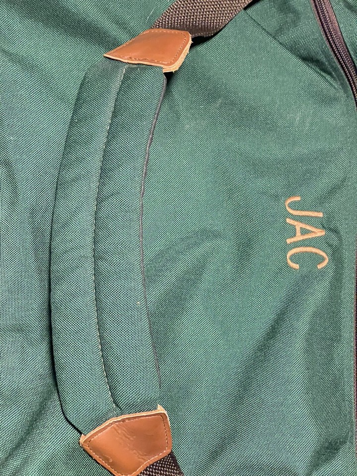 VINTAGE L L BEAN GREEN CANVAS & LEATHER LARGE GARMENT LUGGAGE BAG