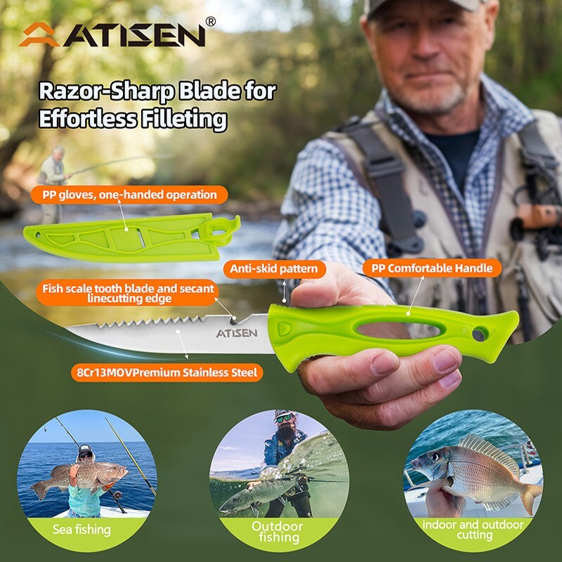 Outdoor equipment, fillet knife, fishing tools, green, essential for beginners