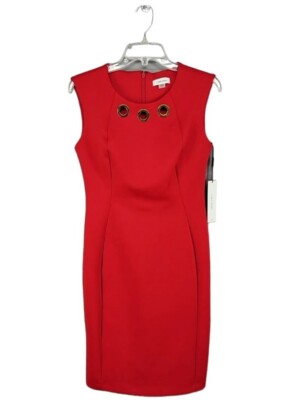 calvin klein red scuba dress Calvin Klein Womens Dress Scuba 6 Red Fitted Gold Rivet Work Career  Business NEW