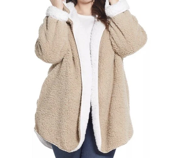 OFF WHITE Giacca pile sherpa morbido reversibile con cappuccio bianco sporco e beige taglia med