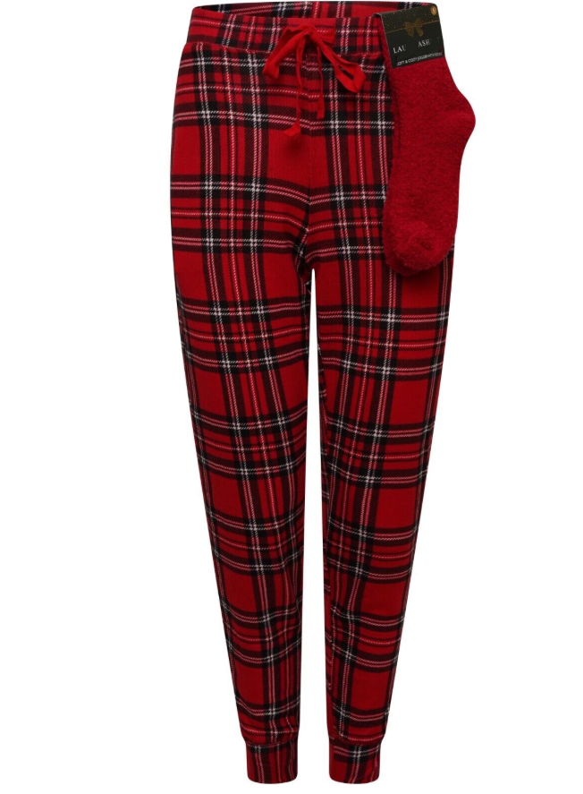 Ladies PJ Bottoms Socks Set Red Check Lounge Festive Cuffed