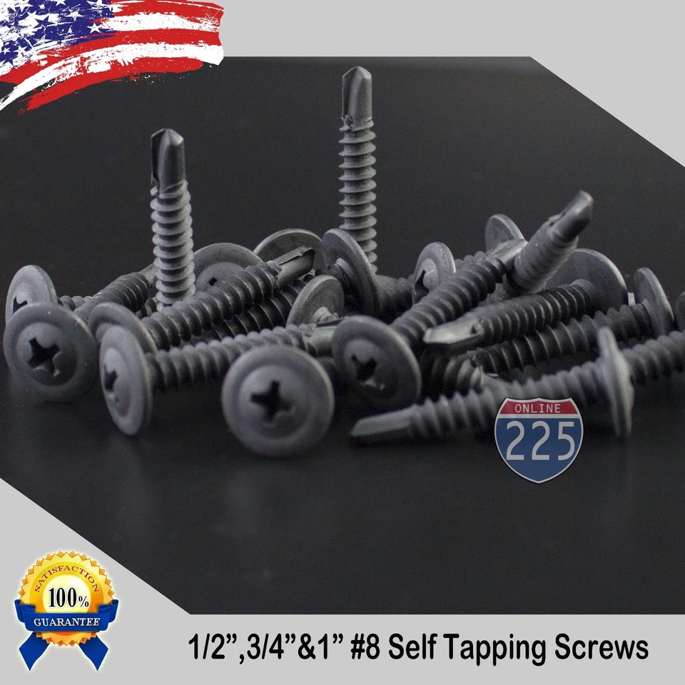 225FWY #8 Black Wafer Head Tek Pointed Metal Screws (1/2" 3/4" 1") Phillips Truss Head