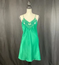 Vintage Val Mode Lingerie Green Satin 80s Short Nightgown Slip Dress USA Small