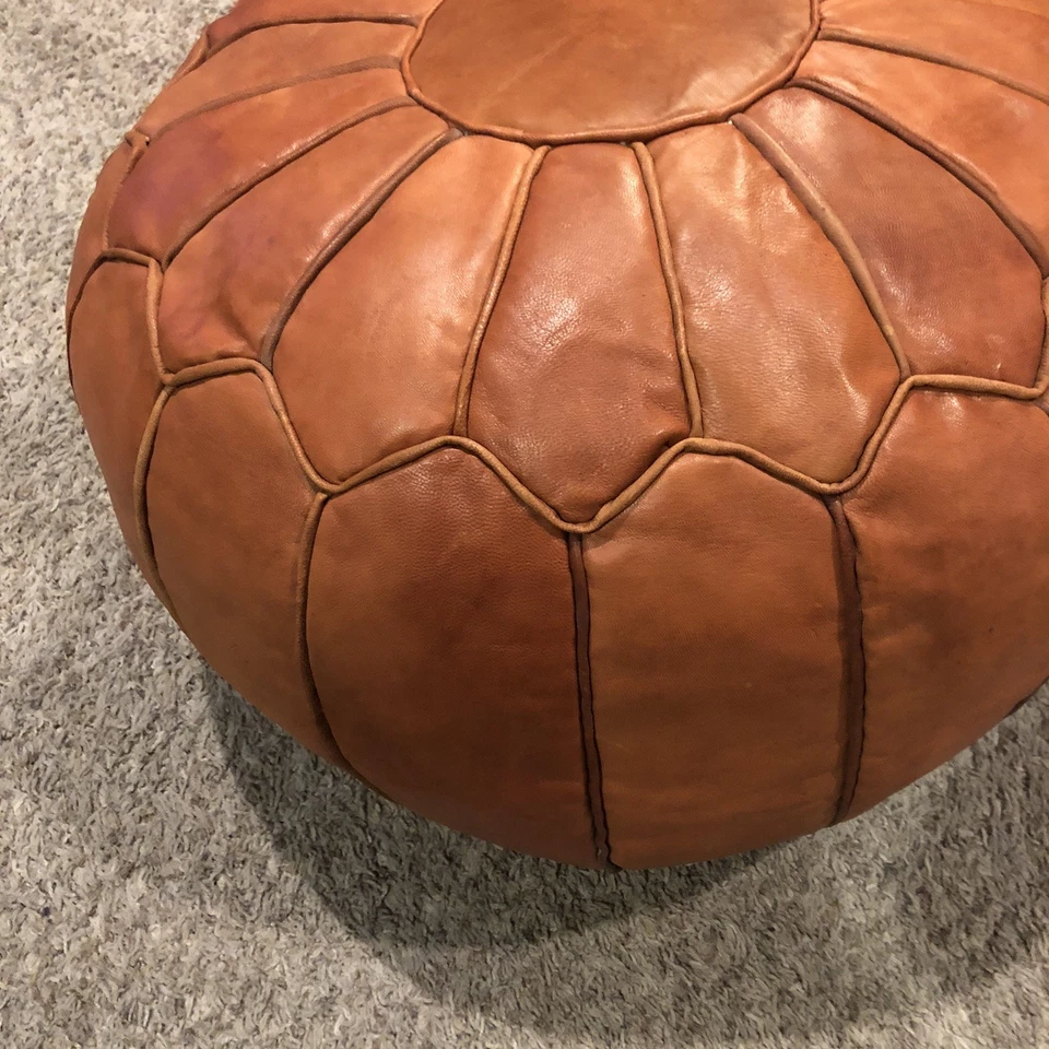 Moroccan Leather Pouf Ottoman 19" BOHO Footstool MCM Mod - Image 3 of 4