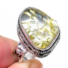Natural Golden Rutilated Quartz Gemstone 925 Sterling Silver Ring Size 7.5 m862