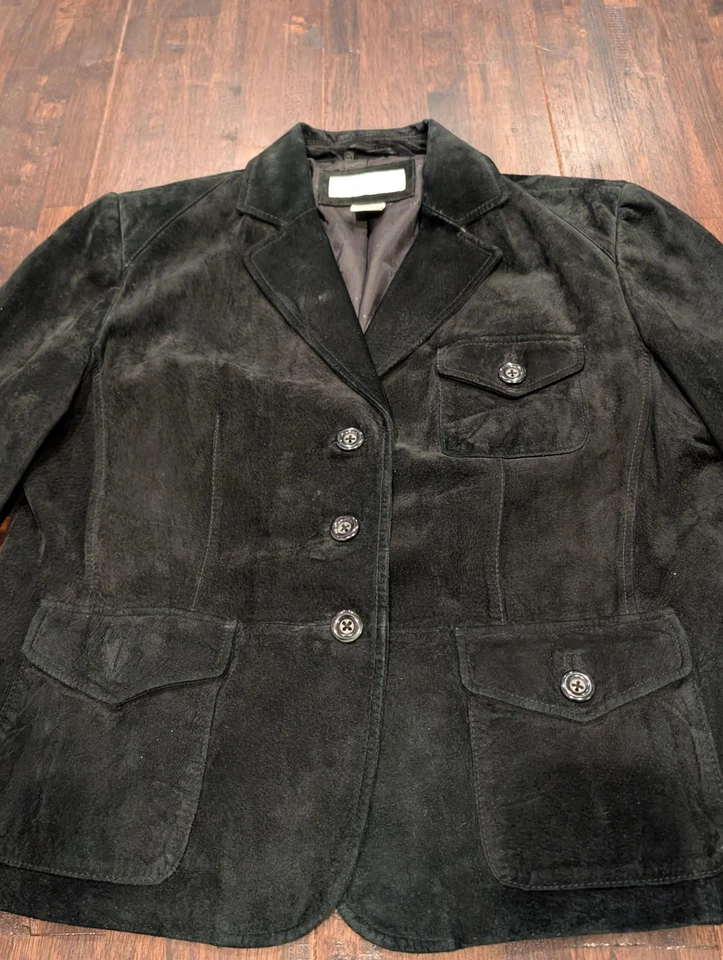 Chaqueta Preston & York Mujer Mediana Negra Cuero Genuino Blazer Bolsillos Gamuza Foto 2 de 4