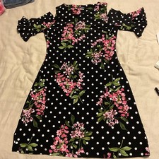 Tommy Hilfiger Dress Womens 8 Black Floral Polka Dot A-Line Jersey Knit Flutter