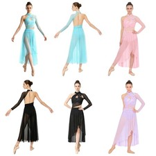 US Womens Lyrical Dance Bodysuit Dress Applique Embroidery Irregular Hem Dress