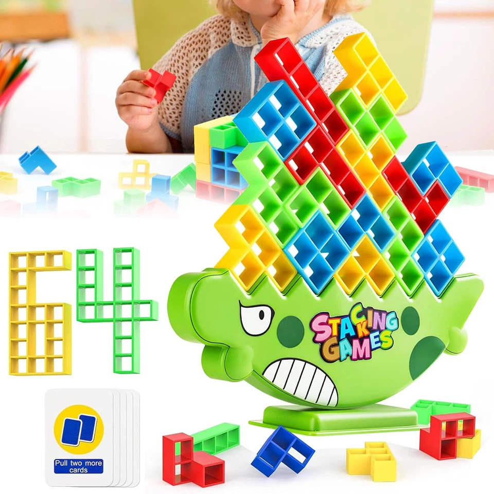 MARKENLOS Tetra Tower Spiel 64 Blöcke Team Tower Spiel Stapelspiele Wackelturm Stapelturm