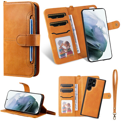 For Samsung Galaxy S22  Removable Leather Wallet with Zipper Magnet Card Case