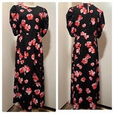 Popsugar Black Floral midi dress with side slit short sleeves M Retro