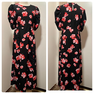 Popsugar Black Floral midi dress with side slit short sleeves M Retro