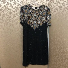 Laurence Kazar Black Multi-Color Paisley Beaded Sequin Dress Size XL