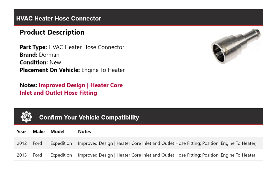 Para Ford Expedition Dorman 2012-2013 HVAC calentador manguera conector motor a calefacción Foto 2 de 4