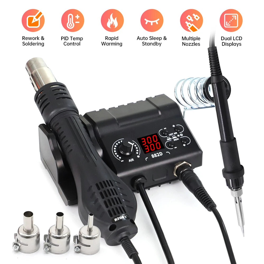 2 in 1 Soldering Station Unit Welder Iron Hot Air Gun with 5 Tips and 3  Nozzles Kit 110V