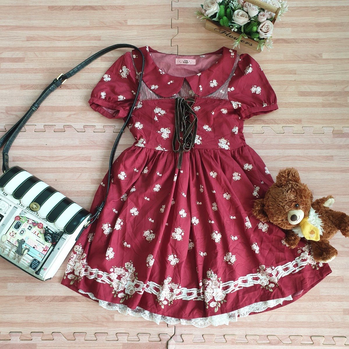 ank rouge Women Floral Lace Dress with Bow - Burgundy & White Sweet Lolita  Style | eBay