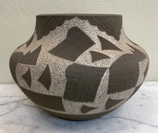 Abstract Clay Pottery Vase with Etched Details