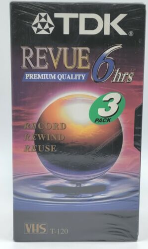 3 PACK TDK REVUE VHS T-120 BLANK TAPES  PREMIUM QUALITY 6 HRS NEW and SEALED - Picture 1 of 4