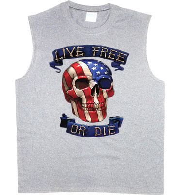 Men's sleeveless shirt live free or die American flag skull muscle tee tank top