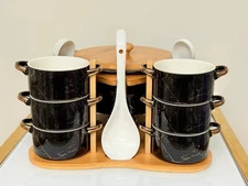 15-Piece Marble Ceramic Soup Bowl Set with Spoons, Warmer&Bamboo Stand- 2 colors