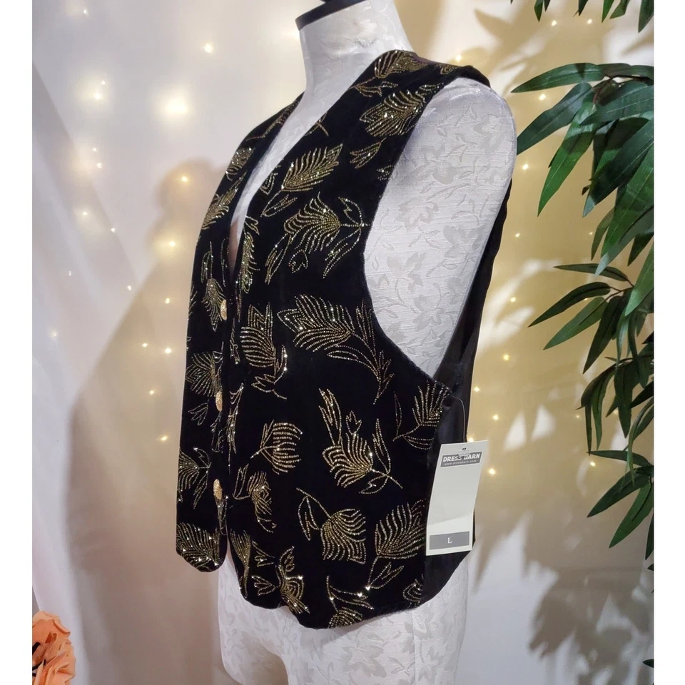 Dressbarn Vtg Velvet Glitter Sparkle Gold Button Waistcoat Vest Womens Sz L NWT - Image 2 of 4