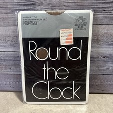 VTG 80s Round the Clock Pantyhose Size B Girdle Top Sandal Toe Run Resist Beige