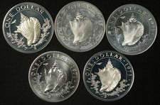 LOT OF (5) 1971-1974 BAHAMAS $1 SILVER PROOF .4666oz ASW x5 = 2.333oz ASW TOTAL