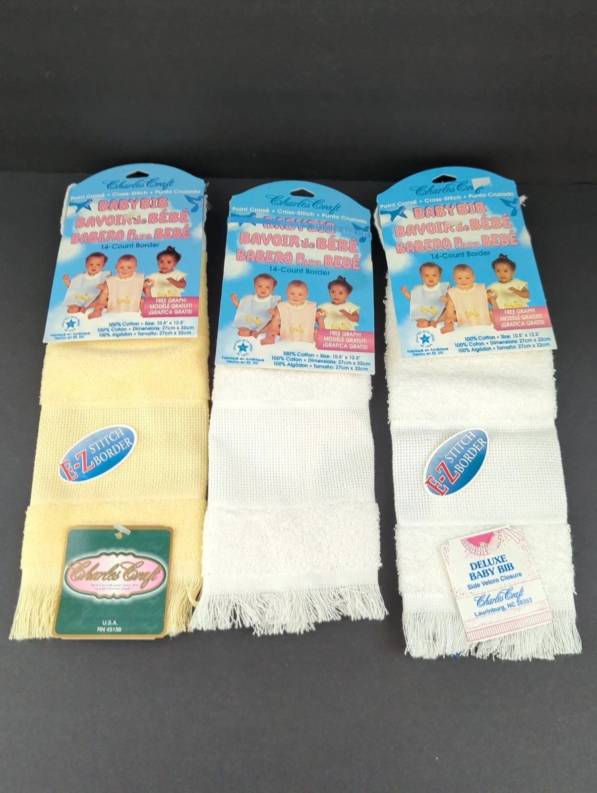 LOT OF 3 Charles Craft Deluxe Baby Bibs 14 Ct EZ Stitch Yellow White Side Close
Opens in a new windo