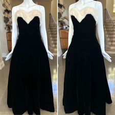 Victor Costa Vintage 1980's Black Velvet  Evening Dress w Mink Trim Corset Bust