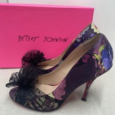 Betsey Johnson Heels Floral Sz 9 Peep Toe Mesh Bow Stiletto Purple Black Pumps