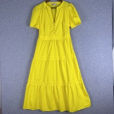 LOFT Midi Dress Women 0 Yellow V-Neck Button Tiered Puff Sleeve Cottage Feminine