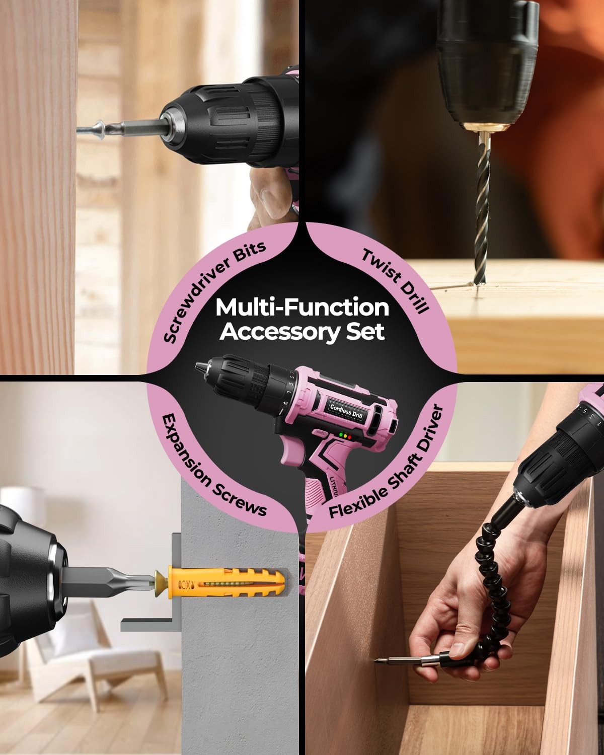Pink Cordless Drill Set 20V Electric Power Drill for Women Lightweight Electr.