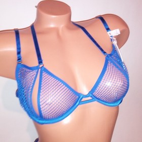 Victoria Secret Bra Set Bra & Panty Low Cut Demi Blue Mesh Strappy Very Sexy New