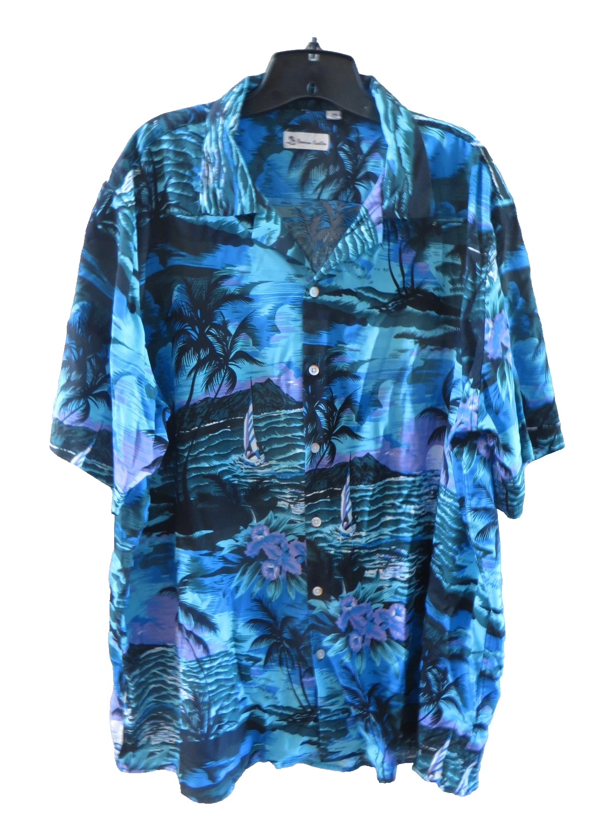 Hawaiian Vacation Shirt Button-Up Blue/Green Palm Trees Men's Sz 2XL
