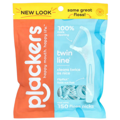 Plackers, Twin-Line, Zahnseide Plektren, Cool Mint, 150 Stück