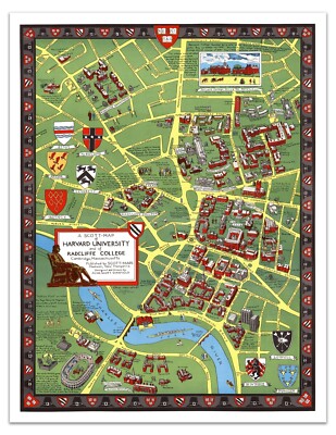 Harvard University & Radcliffe College Map Poster   Vintage 1950s Campus Art