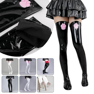Women Sexy WetLook PU Leather Anime Cat Paw Thigh High Stockings Over Knee Socks