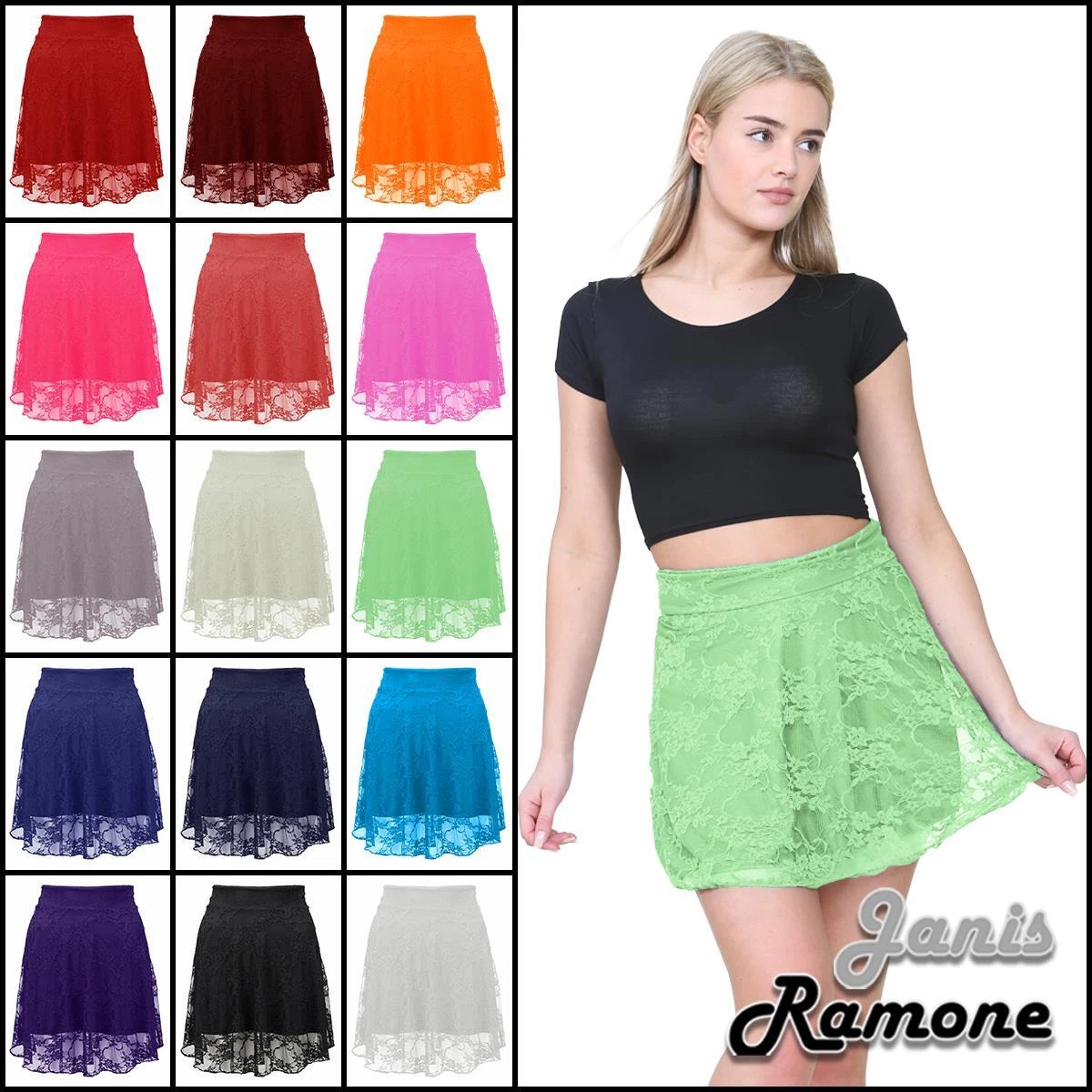 Womens Lace Skater Skirt Knee Length Elasticated Waist Flared Lace Midi Skirt