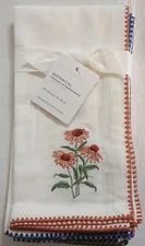 NWT POTTERY BARN 4 MIXED BOTANICAL EMBROIDERED NAPKINS 20"x20" COTTON/LINEN