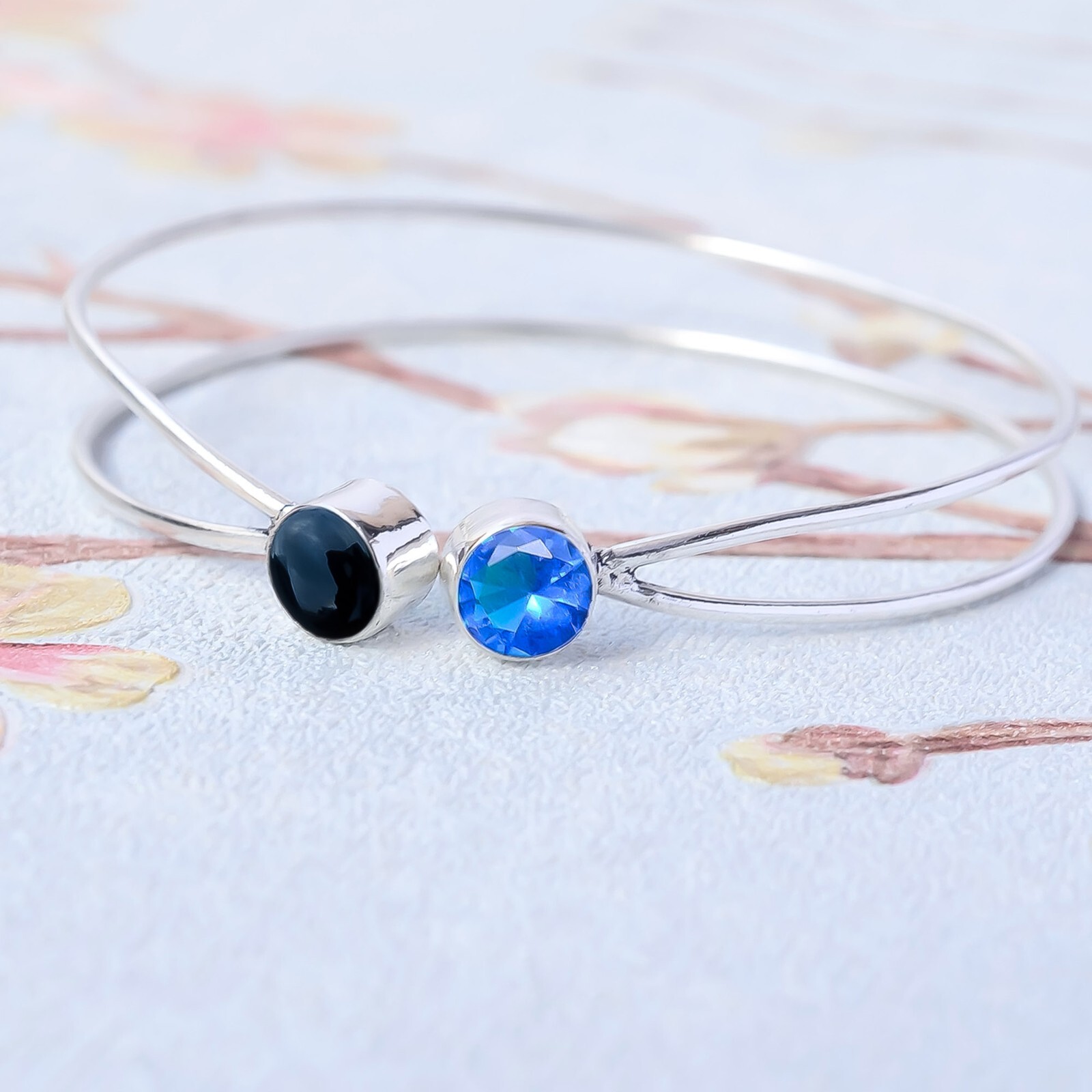 Bangle Black Onyx,Tanzanite Gemstone 925 Sterling Silver Handmade Cuff-image