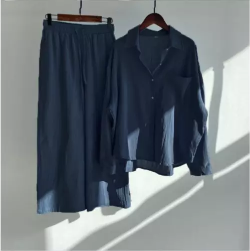 Women Lady Summer Solid Color Cotton Linen Suit Lapel Long Sleeve Top Leg Pants - Bild 37 von 42