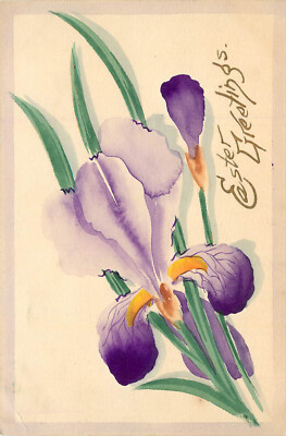 Postcard Size Blank Back Hand Painted Easter Card Iris Flowers