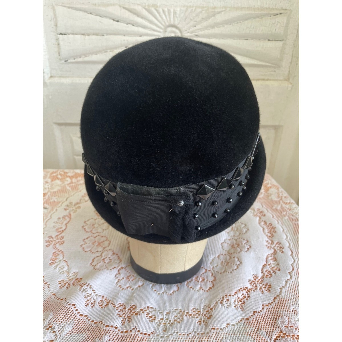 Vintage 1940s  Black Felt Bowler Hat With Studded Ribbon Band Vintage 1940s Black Felt Bowler Hat With Studded Ribbon Band  main image 2