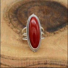 Coral Ring 925 Sterling Silver Handmade Oval Gemstone Ring For Women