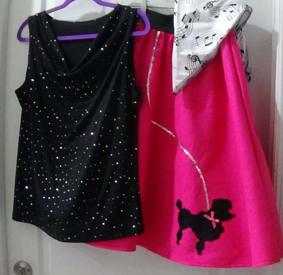 #398 Womens 3 pc Pink Poodle Skirt Outfit Halloween Dance Costume Hip Hop 50s - Image 4 of 4
