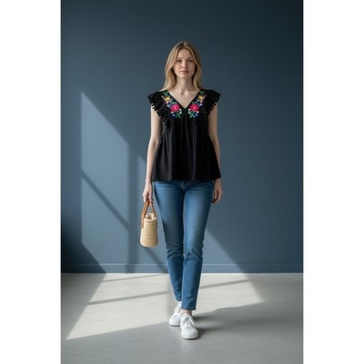 Umgee Black Embroidered Floral Babydoll Top Pom Pom Ruffle Sleeve Medium
