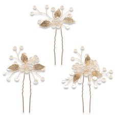 Golden Pearl Leaf Flower Bride Wedding Bridal Hair Piece Pins 2.36x3.94 In 3 PCS