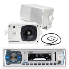 Pyle Marine 3.5" Box 200W Speakers, Antenna, Pyle Marine White AM FM USB Radio