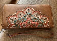 Leather Wallet Handcrafted Large Brown Beaded Embroidery With Wristlet