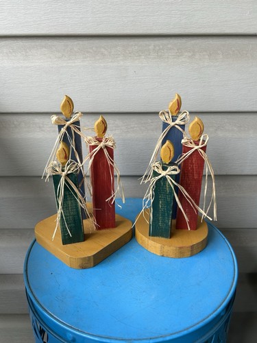 Vintage Candle Trios Handmade Primitive Wood Figurines Mantle Decor 8" Holiday-2